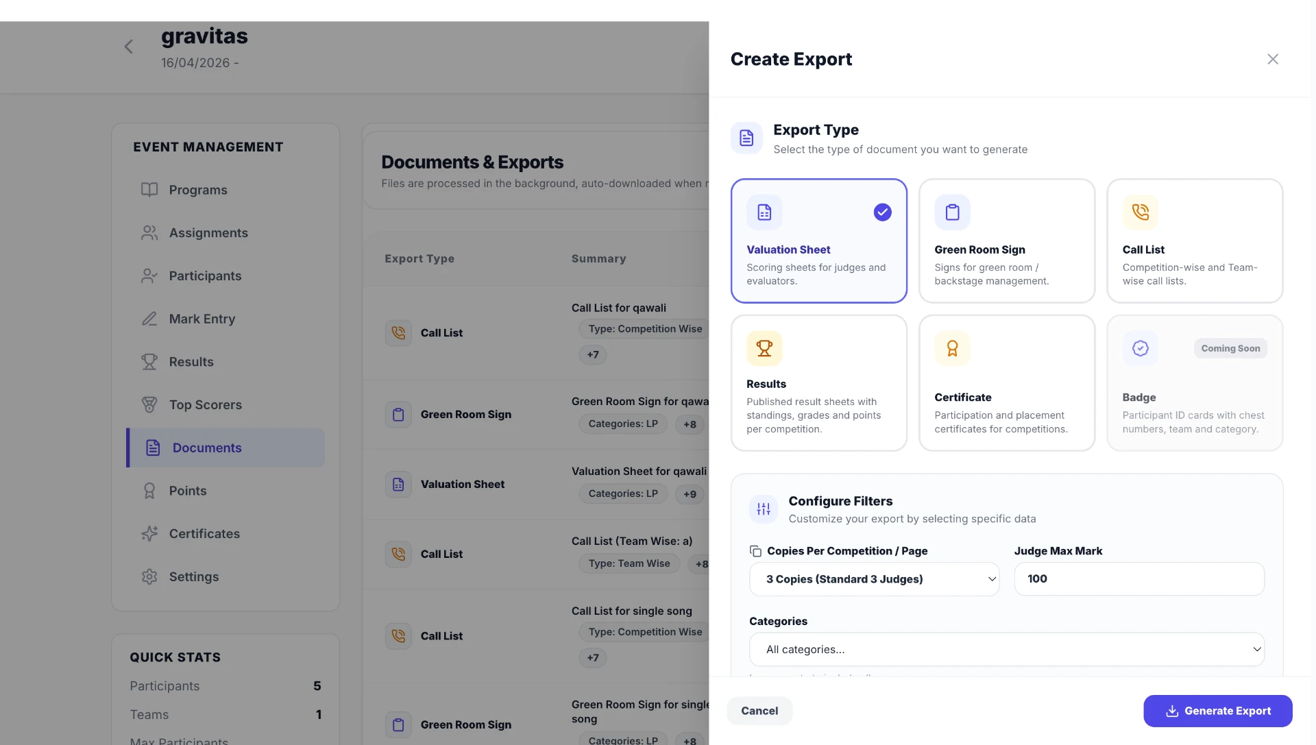 Eventloo create export screen with document types and filters