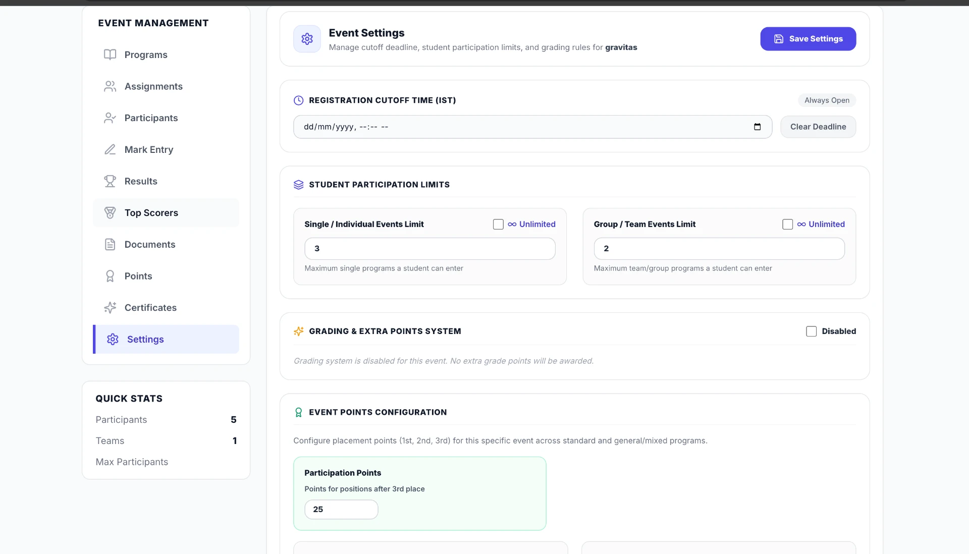 Eventloo event settings with participation limits and points configuration
