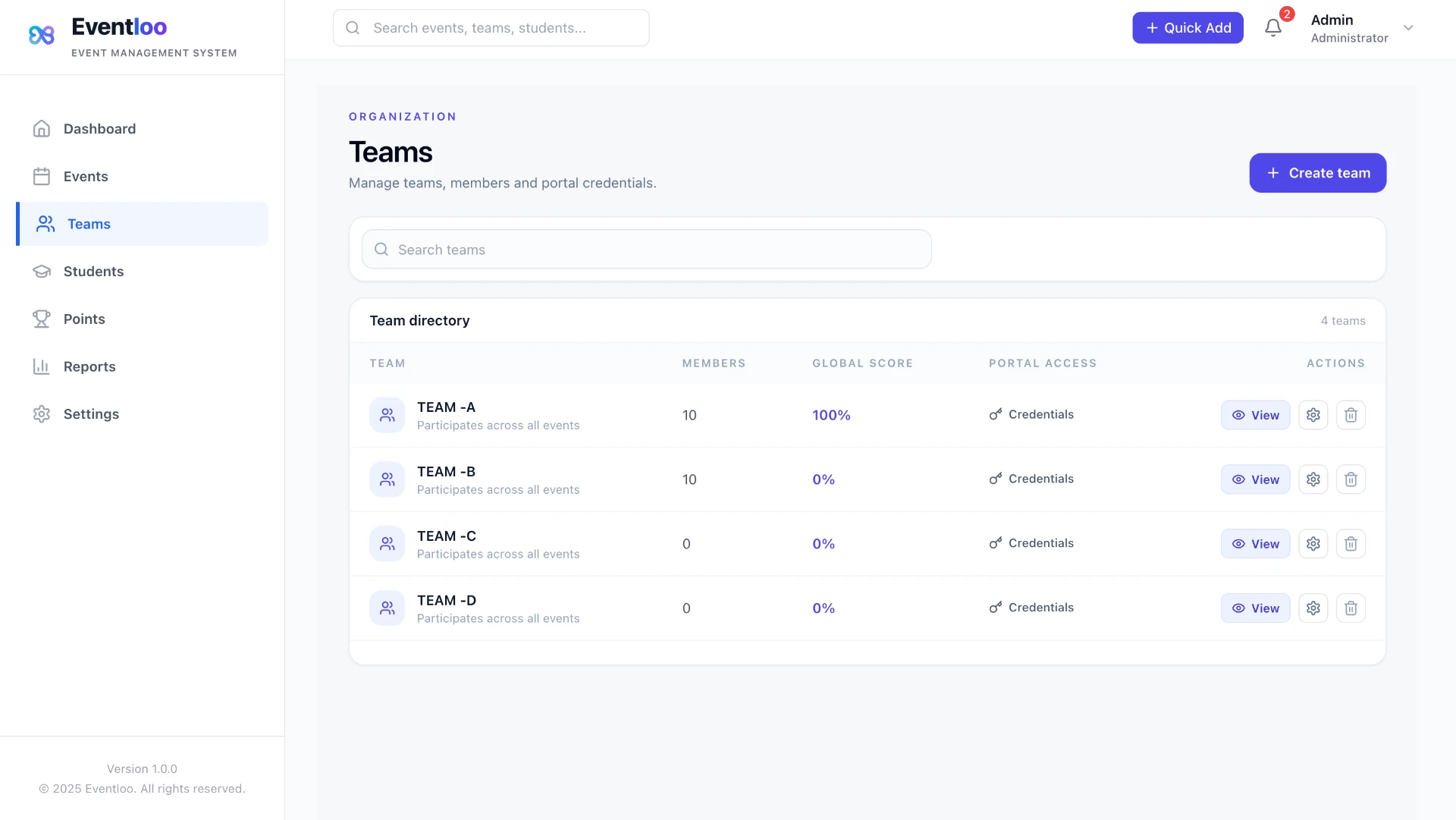 Eventloo teams directory with member counts and portal credentials